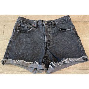 Levi 501 Jean Shorts Black High Waist Raw Hem Distressed Button Fly Size 26